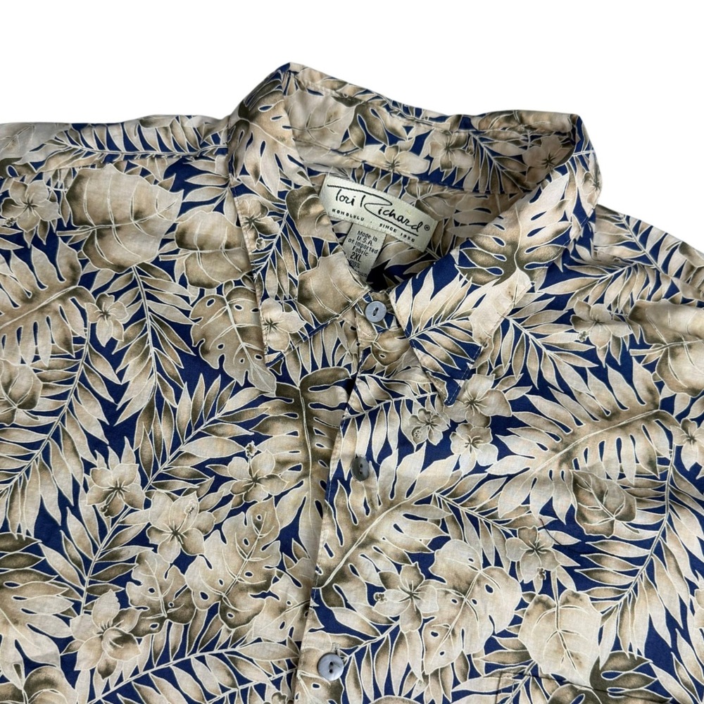 Tori Richard Button Down Shirt Mens 2XL Tan Navy Tropical Cotton Lawn Floral